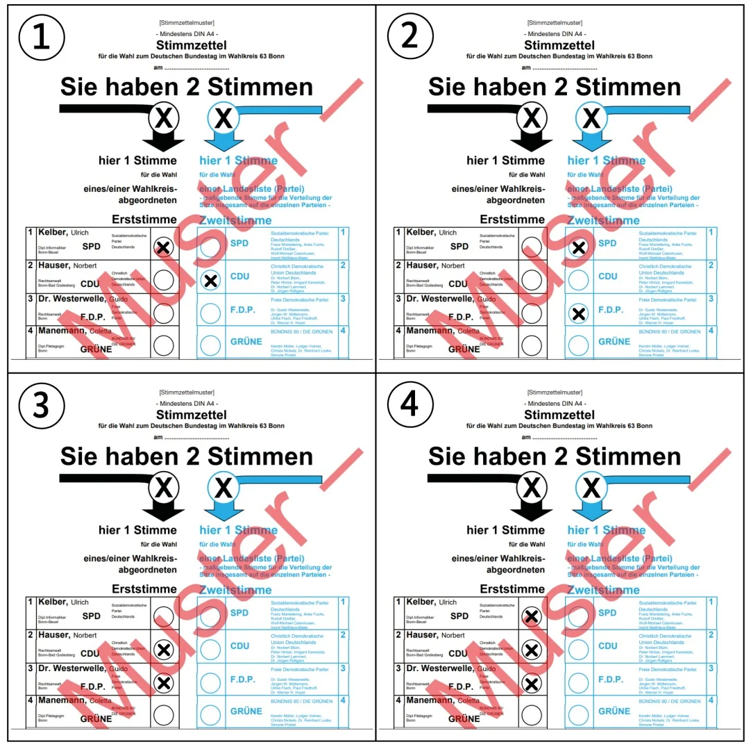 Abbildung zu Frage 130: Welcher Stimmzettel wäre bei einer Bundestagswahl gültig?